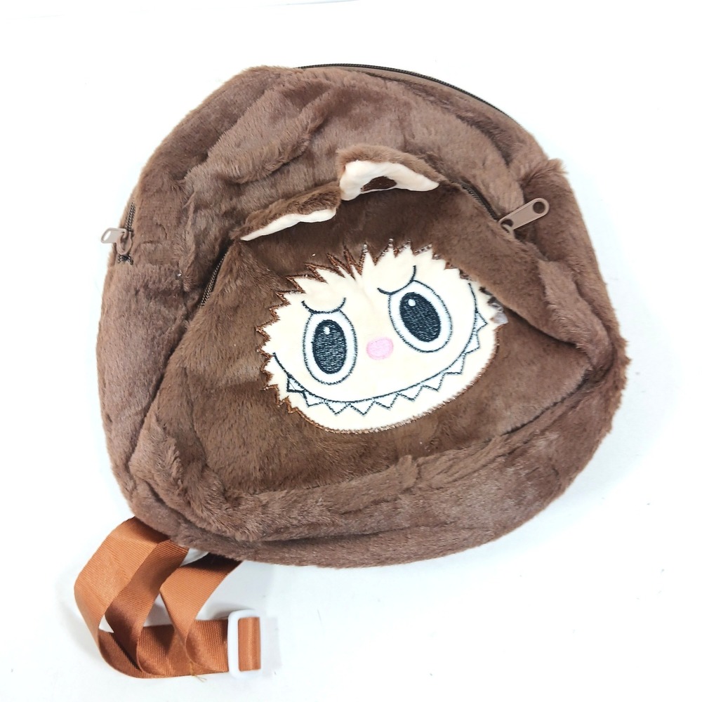 Dark Brown Plush Monster Character Backpack Faux Fur Embroidered Face Mini Bag